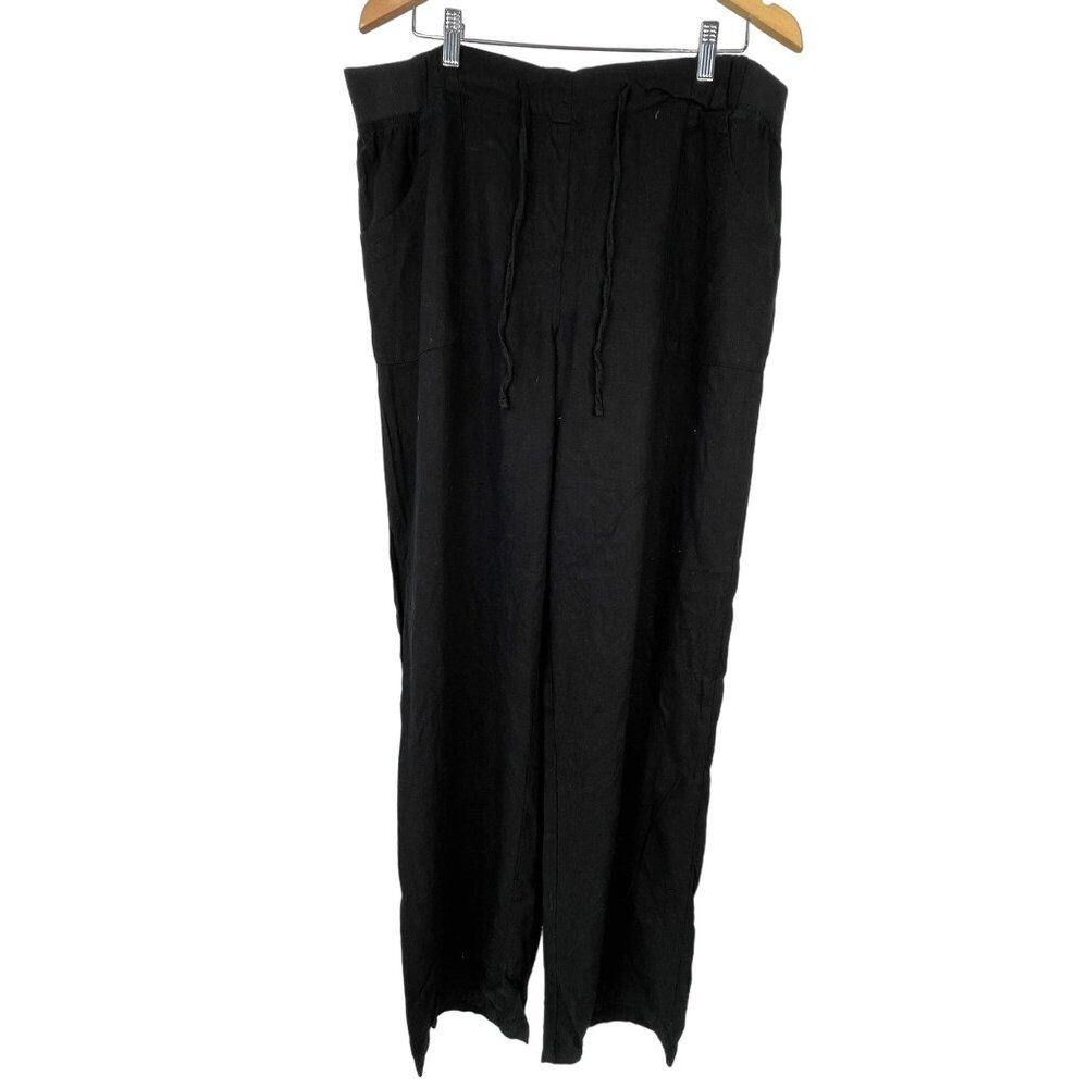 Long Tally Sally Pants Size 18 Pull On Wide Leg Elastic Drawstring Linen Black
